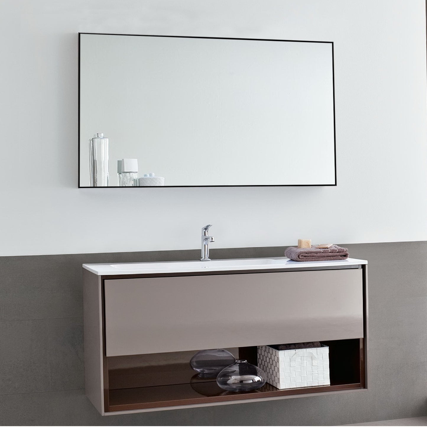 Large rectangular wall mirror with black metal frame