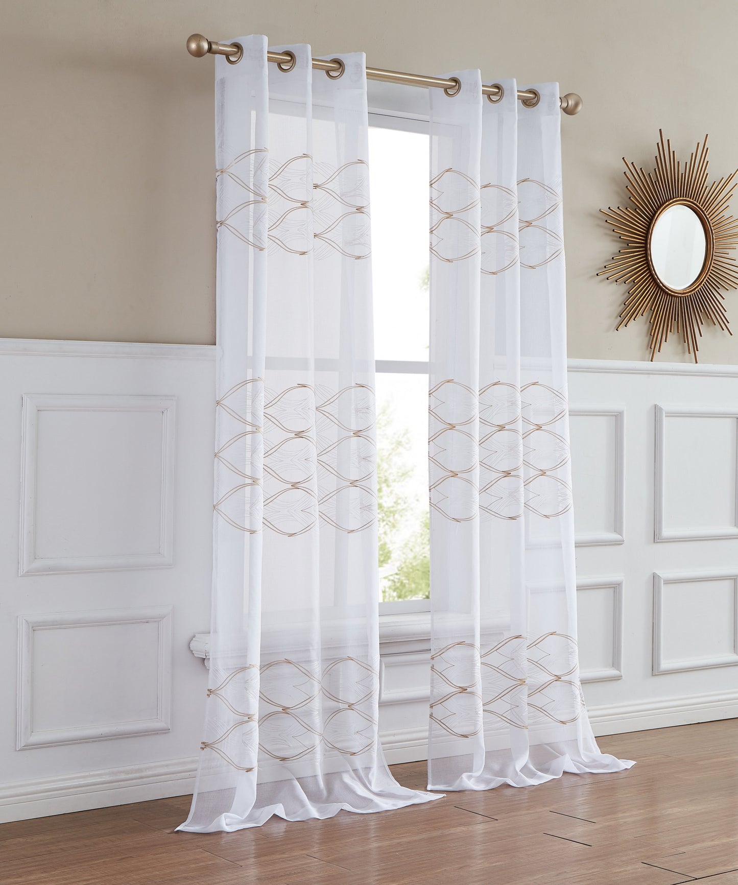 Set of Two 96" Gold and White SemiSheer Curtains-8