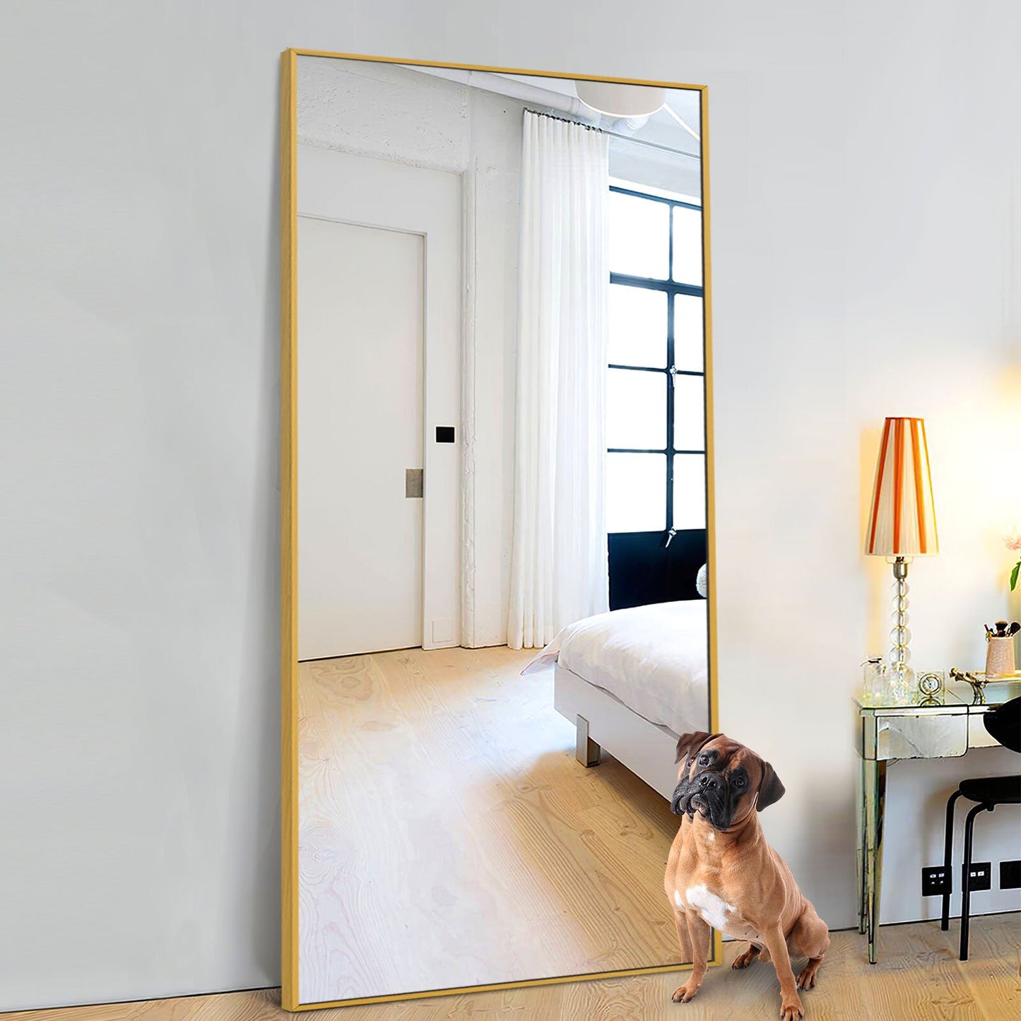 tall rectangular mirror with slim gold metal frame