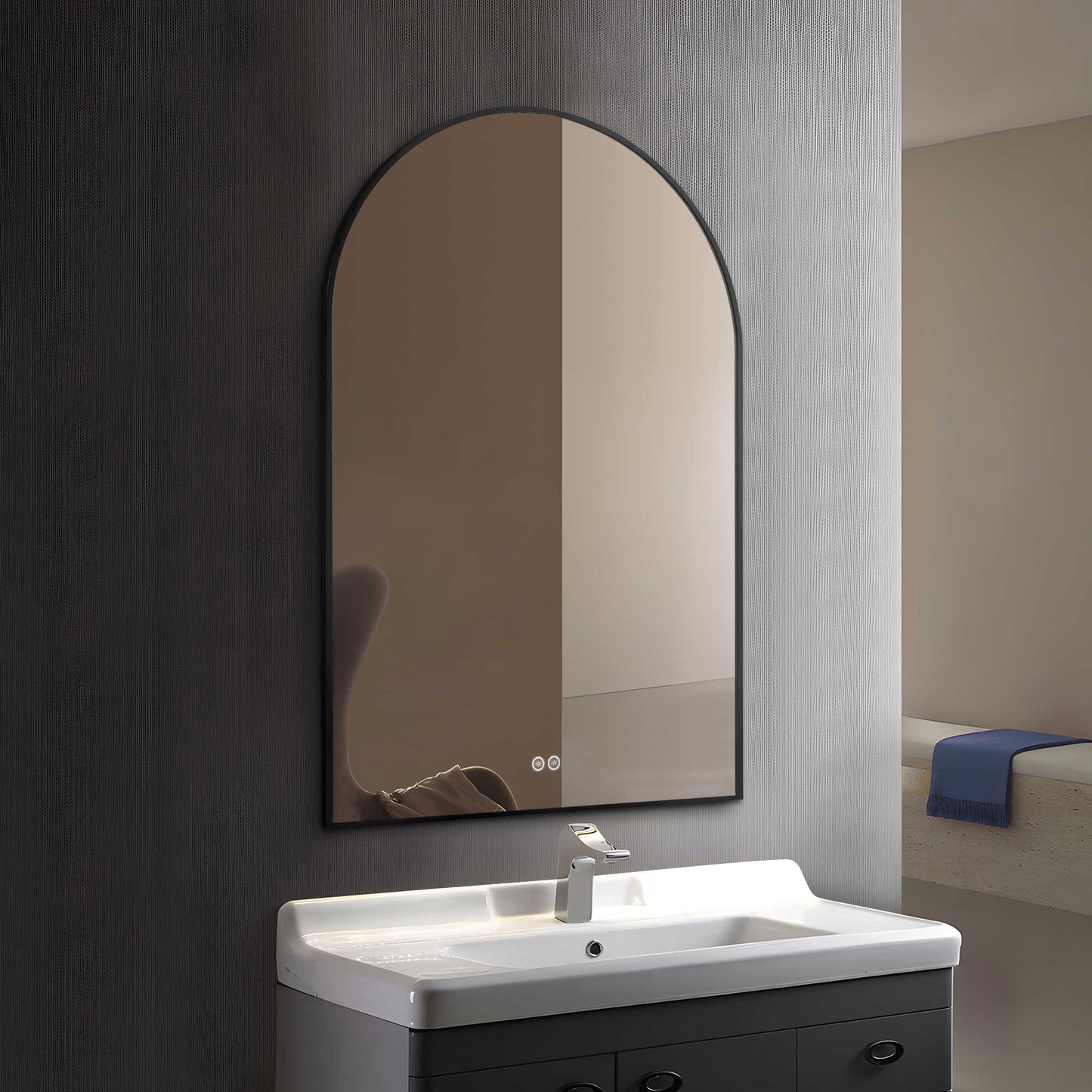 38" Black Metal Arch Lighted Bathroom Vanity Mirror-5