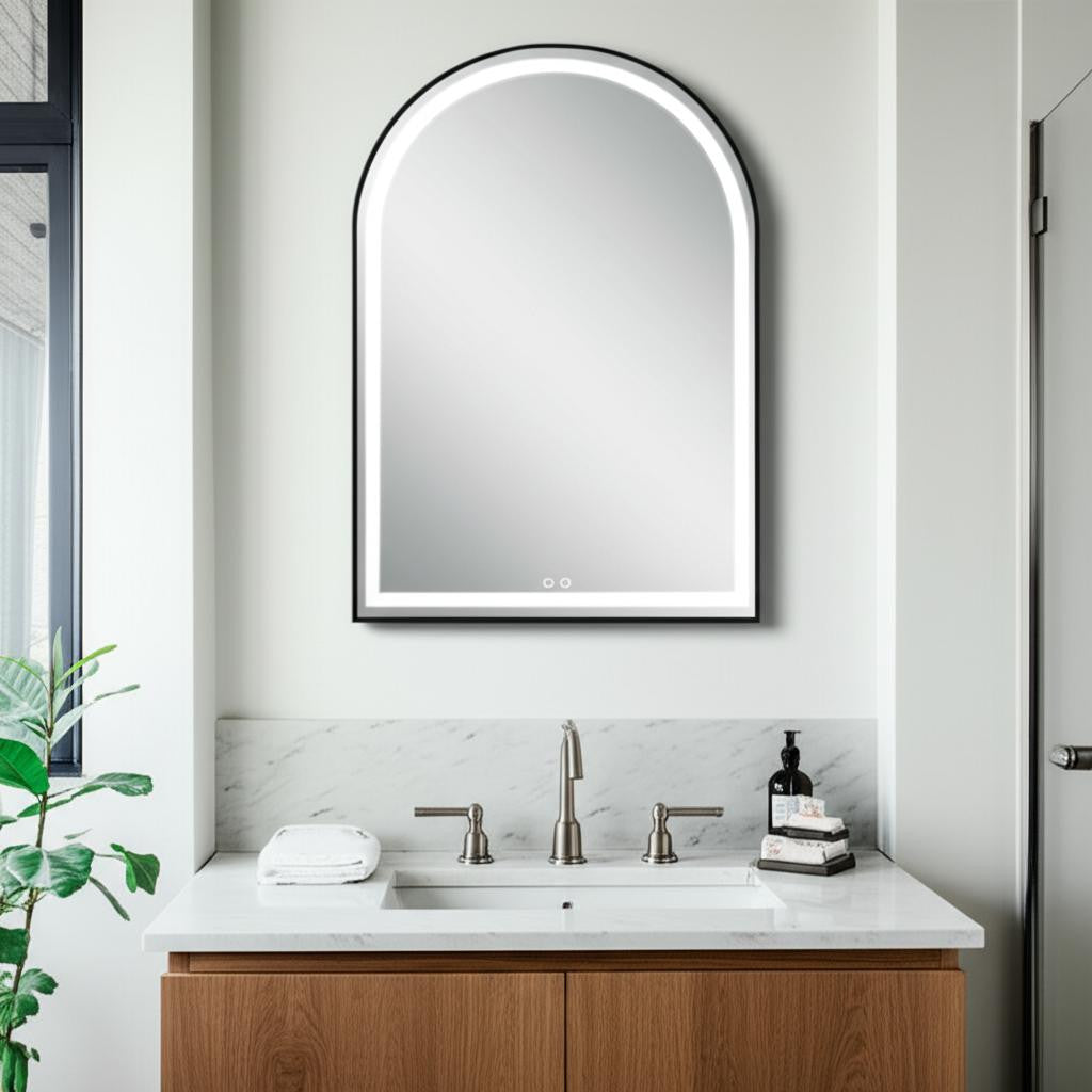 38" Black Metal Arch Lighted Bathroom Vanity Mirror-0