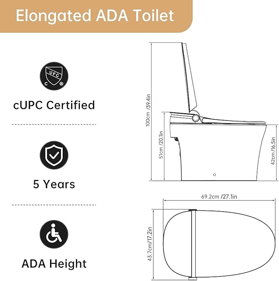 AQUATIZ G109-1 Smart Toilet with Bidet Built-in, ADA Height Elongated Design, Dual Control, LED Display & Instant Heating