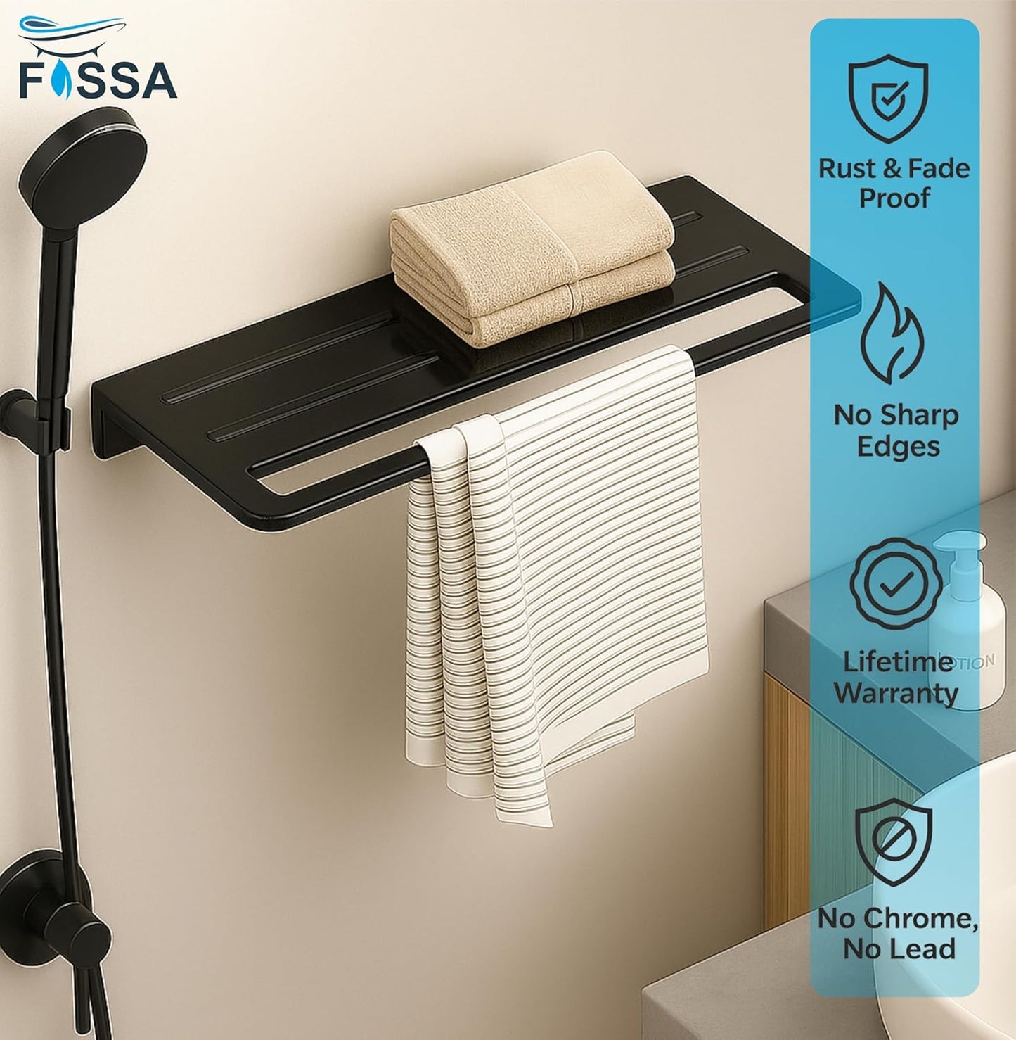 Towel Rack with Towel Holder Towel Hanger for Bathroom Napkin Stand for Bathroom Accessories Wall-Mount Towel Holder Glossy Finish (Black)-3