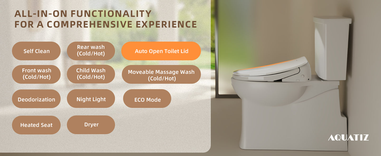Aquatiz Smart Bidet Toilet Seat – Auto Open and Heated

Elongated Bidet Seat with Endless Warm Water – Winhause

Advanced Electric Toilet Seat with Night Light and Dryer