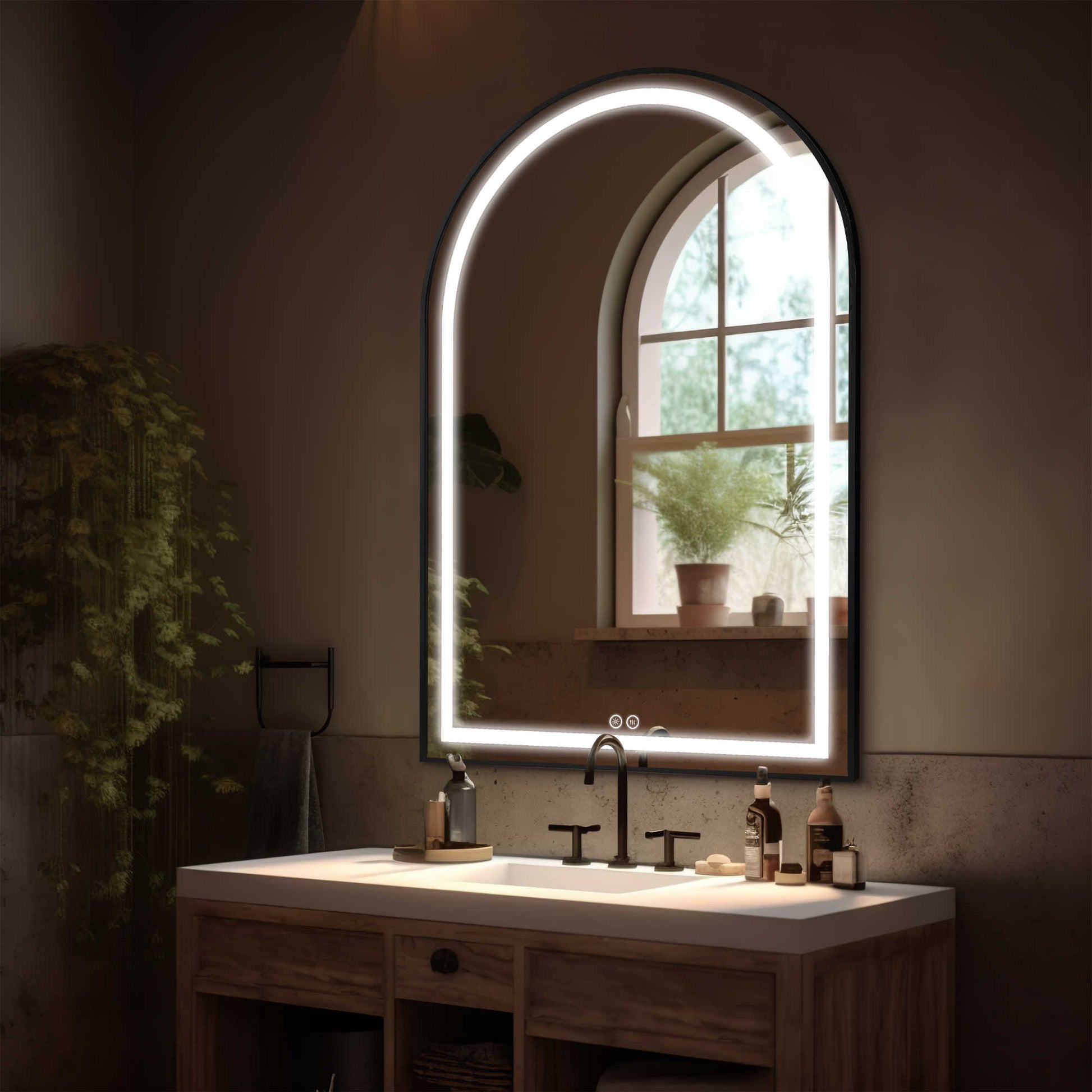 38" Black Metal Arch Lighted Bathroom Vanity Mirror-4