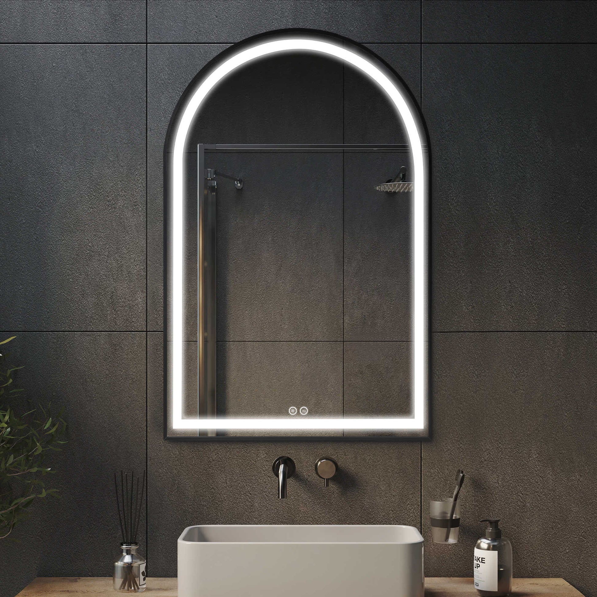 38" Black Metal Arch Lighted Bathroom Vanity Mirror-6