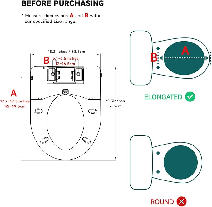 Dimensions of Smart Bidet Seat – Fits Most Elongated Toilets