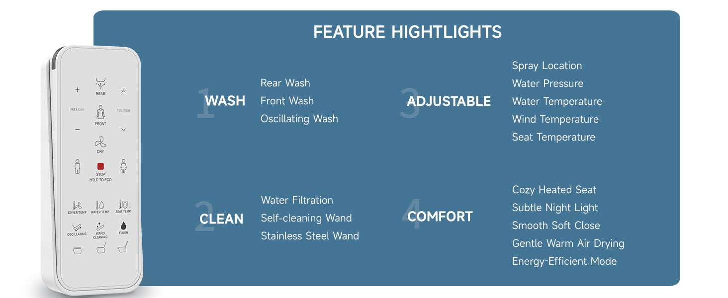 Aquatiz Smart Bidet Toilet Seat – Elongated, Heated, White，heated seat，night light， water filtration